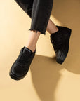 Pembe Potin Bağcıklı Comfort Taban Şeritli Kadın Sneaker 001-1005-24SSiyah - 483054747960