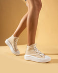 Pembe Potin Bağcıklı Kalın Taban Bilekte Keten Kadın Sneaker 57-103-23Fhn - 483054747960