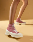 Pembe Potin Bağcıklı Kalın Taban Bilekte Keten Kadın Sneaker 57-102-23 - 483054747960