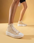 Pembe Potin Bağcıklı Kalın Taban Bilekte Keten Kadın Sneaker 57-103-23Fhn - 483054747960