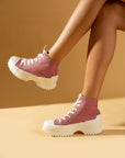 Pembe Potin Bağcıklı Kalın Taban Bilekte Keten Kadın Sneaker 57-102-23 - 483054747960