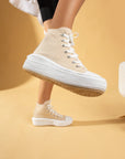 Pembe Potin Bağcıklı Kalın Taban Bilekte Keten Kadın Sneaker 57-103-23Fhn - 483054747960