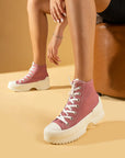 Pembe Potin Bağcıklı Kalın Taban Bilekte Keten Kadın Sneaker 57-102-23 - 483054747960