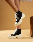 Pembe Potin Bağcıklı Kalın Taban Bilekte Keten Kadın Sneaker 57-102-23 - 483054747960