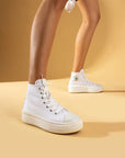 Pembe Potin Bağcıklı Kalın Taban Bilekte Keten Kadın Sneaker 57-103-23Fhn - 483054747960