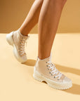 Pembe Potin Bağcıklı Kalın Taban Bilekte Keten Kadın Sneaker 57-102-23 - 483054747960