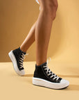 Pembe Potin Bağcıklı Kalın Taban Bilekte Keten Kadın Sneaker 57-103-23Fhn - 483054747960