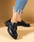 Pembe Potin Bağcıklı Kalın Taban Rahat Kalıp Loafer Kadın Ayakkabı 57-7-24 - Siyah / 40 - 483054584120