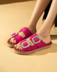 Pembe Potin Hasır Taban Taşlı Çift Tokalı Comfort Taban Kadın Terlik 001 2301 24Süet 483054780728