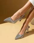 Pembe Potin Kroko Desenli Sivri Burun Arkası Açık Slingback Kadın Topuklu Ayakkabı 71-633-25Baskı - 483054813496