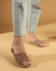 Pembe Potin Nakışlı Tek Bant Rahat Taban Kadın Moda Terlik 41-875-22 - 483054780728