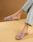 Pembe Potin Nakışlı Tek Bant Rahat Taban Kadın Moda Terlik 41-875-22 - 483054780728