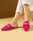 Pembe Potin Parlak Taşlı Dantel Örme Desenli Rahat Kalıp Kadın Terlik 001-2-24 - Fuşya / 36 - 483054780728