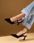 Pembe Potin Sivri Burun Kadeh Topuklu Slingback Kadın Ayakkabı 71-531-25Saten - 483054813496