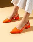 Pembe Potin Sivri Burun Saten Kumaş Slingback Kadın Topuklu Ayakkabı 87-151-25Saten - 483054813496
