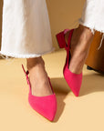 Pembe Potin Sivri Burun Saten Kumaş Slingback Kadın Topuklu Ayakkabı 87-151-25Saten - Fuşya / 36 - 483054813496