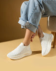 Pembe Potin Taş Detaylı Triko Kalın Taban Kadın Sneaker 59-88-25 - Beyaz / 36 - 483054747960
