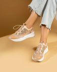Pembe Potin Yüksek Taban Lastik Bağcıklı Fileli Kadın Sneaker 36-728-24 - 483054747960