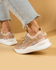 Pembe Potin Yüksek Taban Lastik Bağcıklı Fileli Kadın Sneaker 36-728-24 - 483054747960