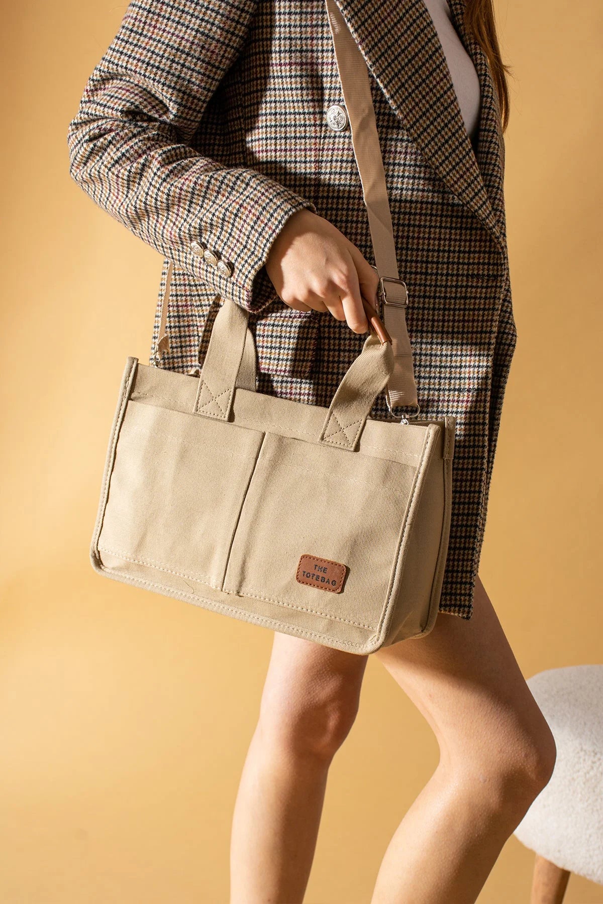 Pembe Potin 3 Bölmeli Fermuarlı Canvas Kadın Omuz Çantası BAG4293-24TBag - 483054387512