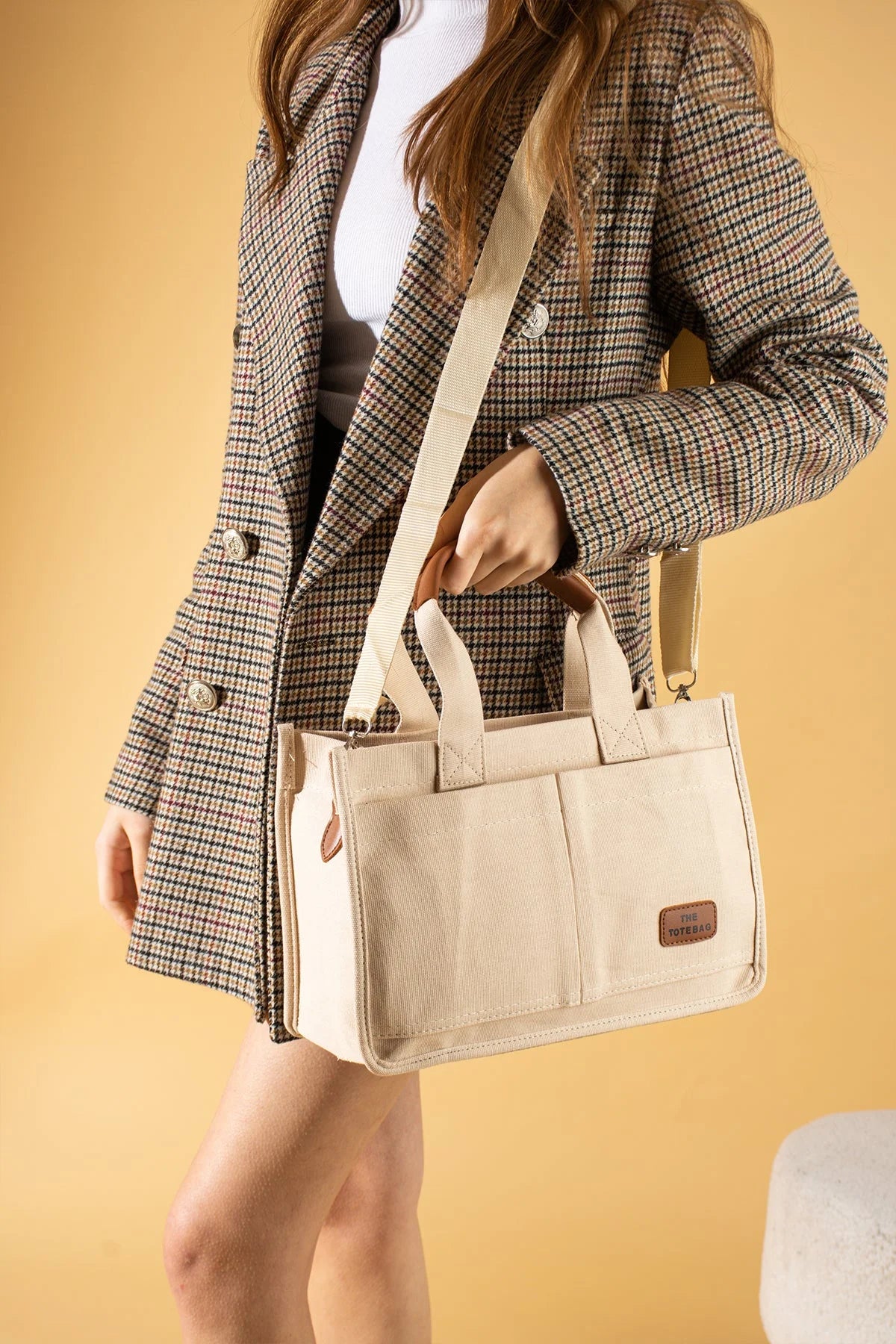 Pembe Potin 3 Bölmeli Fermuarlı Canvas Kadın Omuz Çantası BAG4293-24TBag - 483054387512