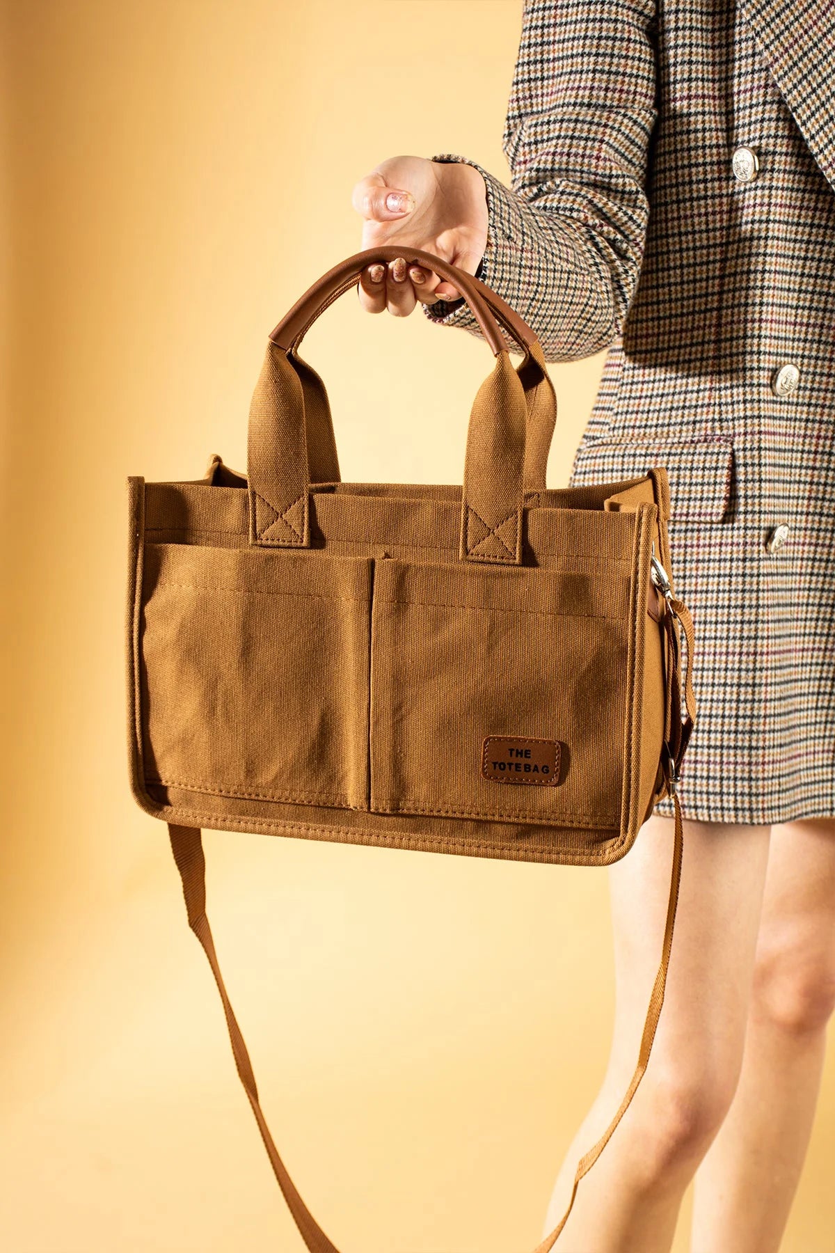 Pembe Potin 3 Bölmeli Fermuarlı Canvas Kadın Omuz Çantası BAG4293-24TBag - 483054387512