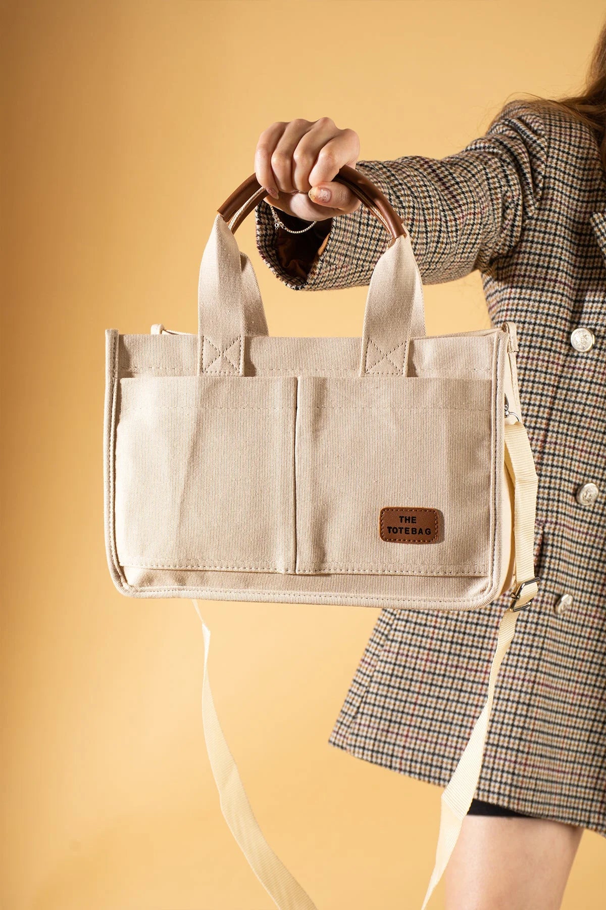 Pembe Potin 3 Bölmeli Fermuarlı Canvas Kadın Omuz Çantası BAG4293-24TBag - 483054387512