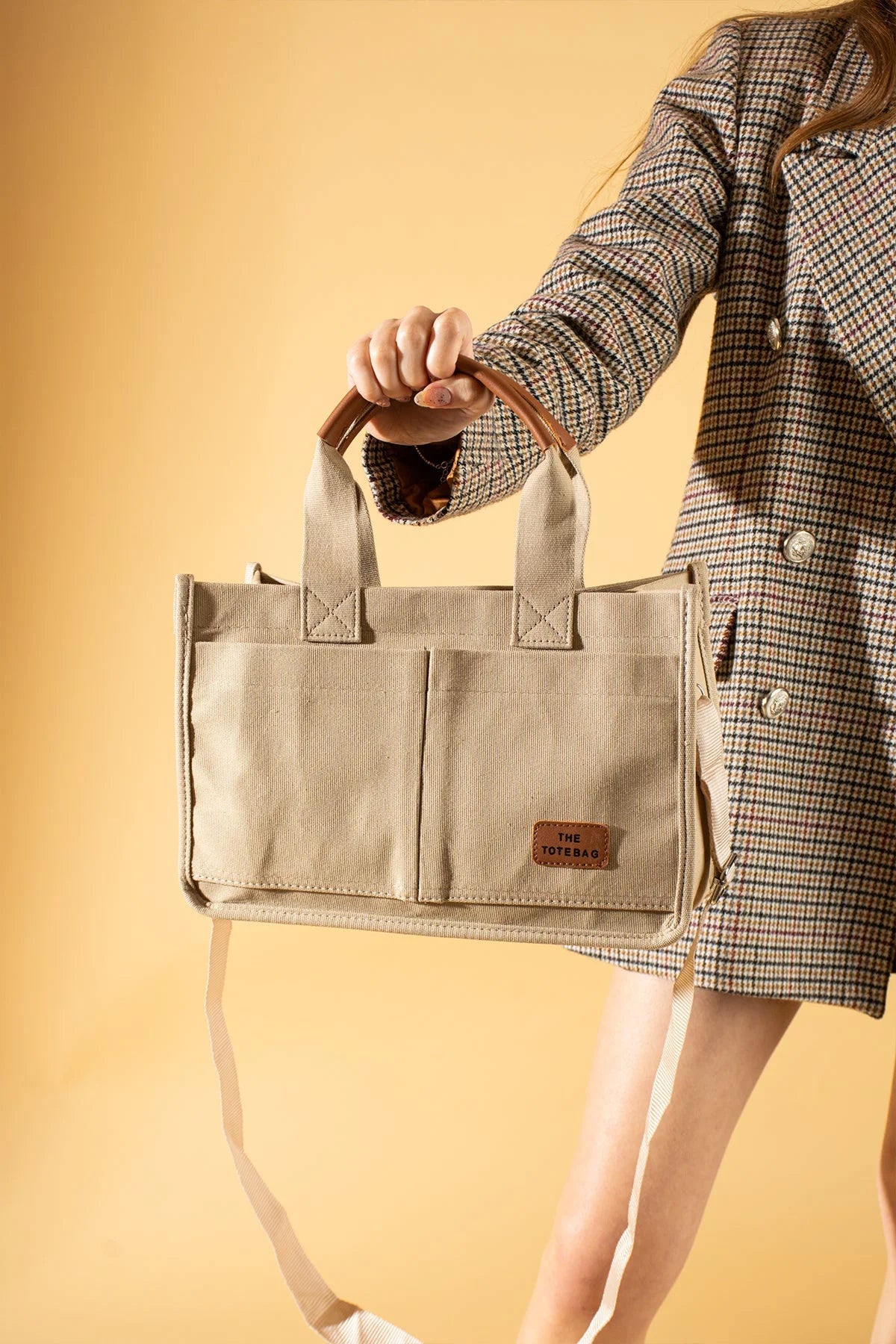 Pembe Potin 3 Bölmeli Fermuarlı Canvas Kadın Omuz Çantası BAG4293-24TBag - 483054387512