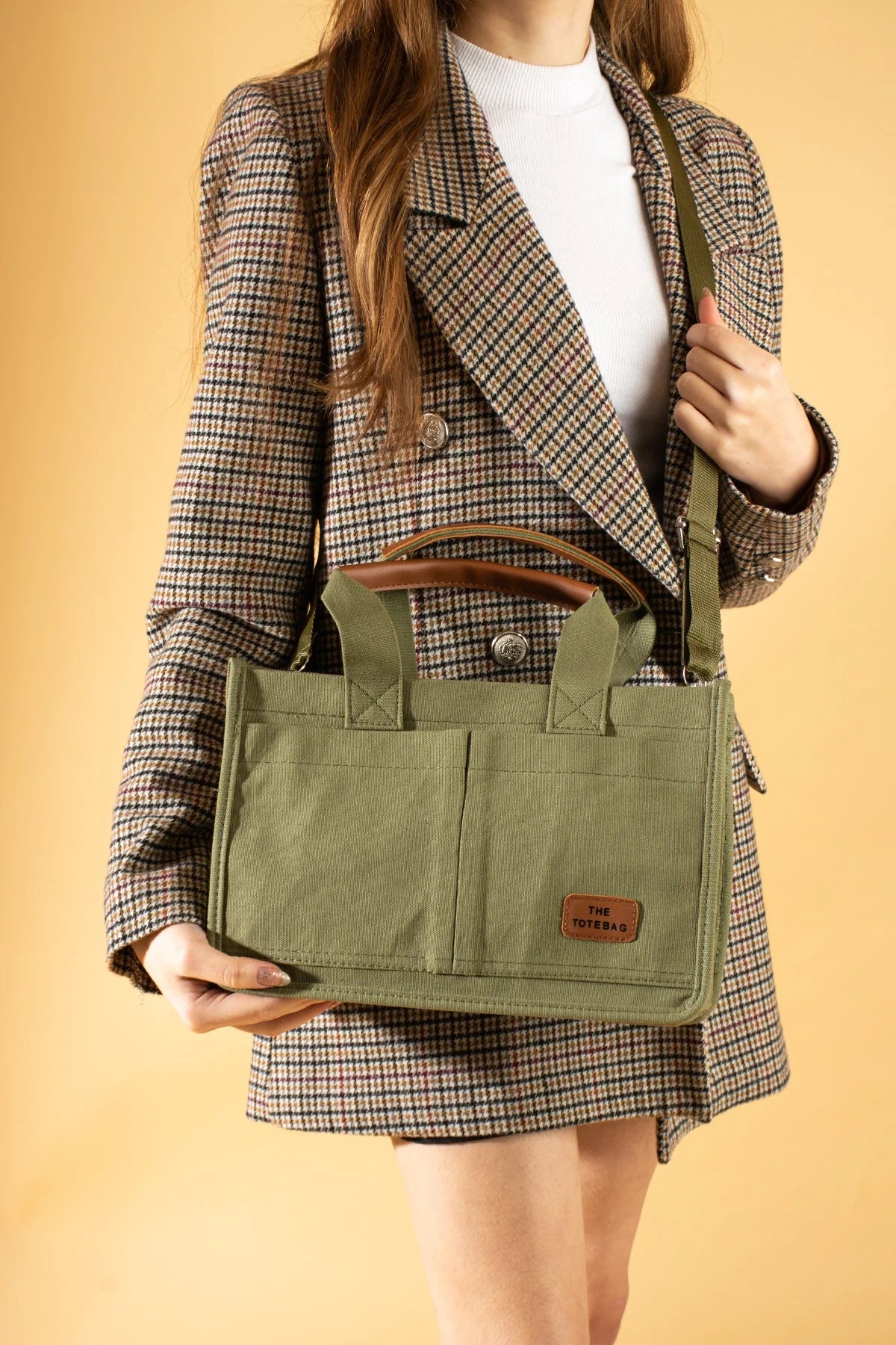 Pembe Potin 3 Bölmeli Fermuarlı Canvas Kadın Omuz Çantası BAG4293-24TBag - 483054387512