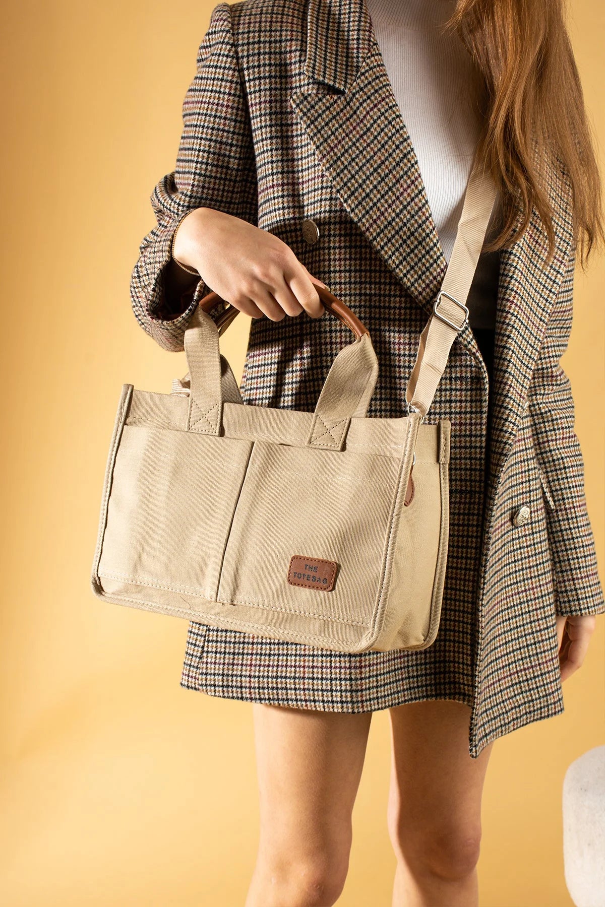 Pembe Potin 3 Bölmeli Fermuarlı Canvas Kadın Omuz Çantası BAG4293-24TBag - 483054387512