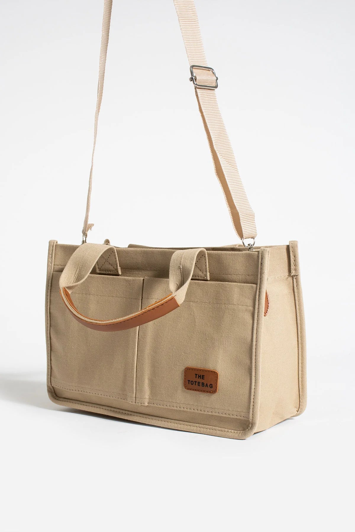 Pembe Potin 3 Bölmeli Fermuarlı Canvas Kadın Omuz Çantası BAG4293-24TBag - 483054387512