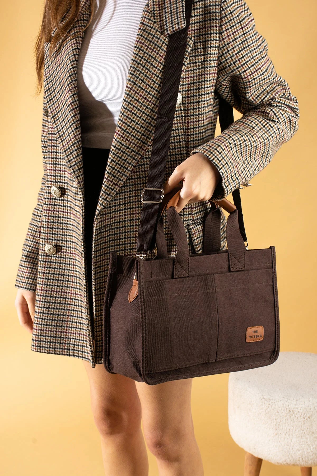 Pembe Potin 3 Bölmeli Fermuarlı Canvas Kadın Omuz Çantası BAG4293-24TBag - 483054387512