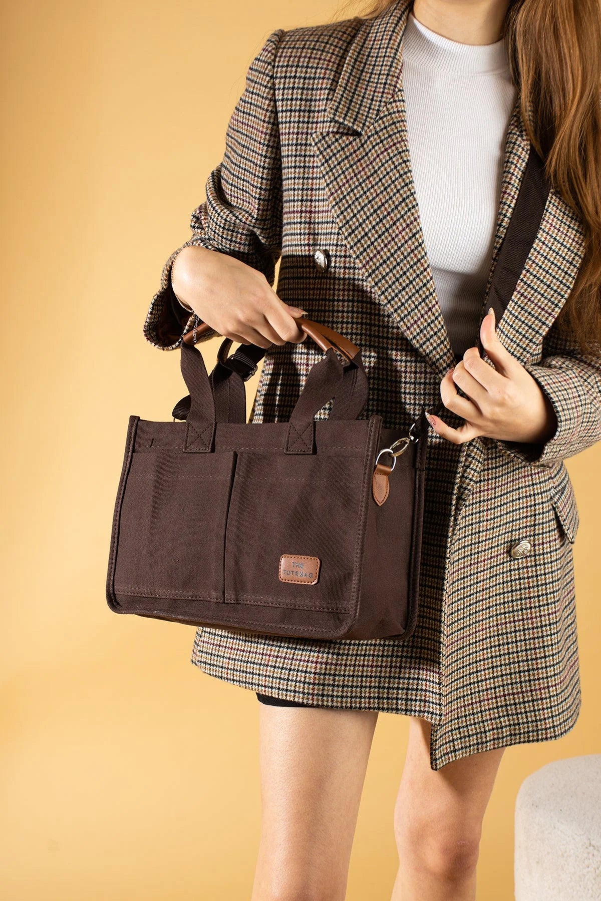 Pembe Potin 3 Bölmeli Fermuarlı Canvas Kadın Omuz Çantası BAG4293-24TBag - 483054387512