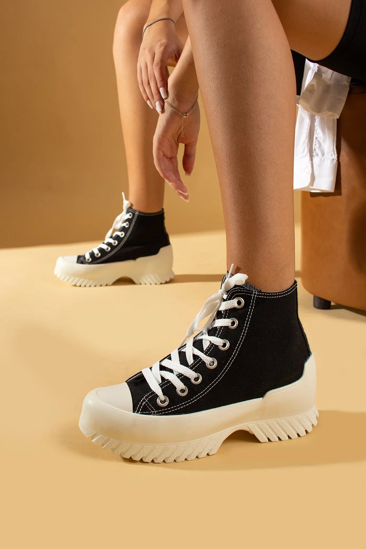 Pembe Potin Bağcıklı Kalın Taban Bilekte Keten Kadın Sneaker 57-102-23 - 483054747960