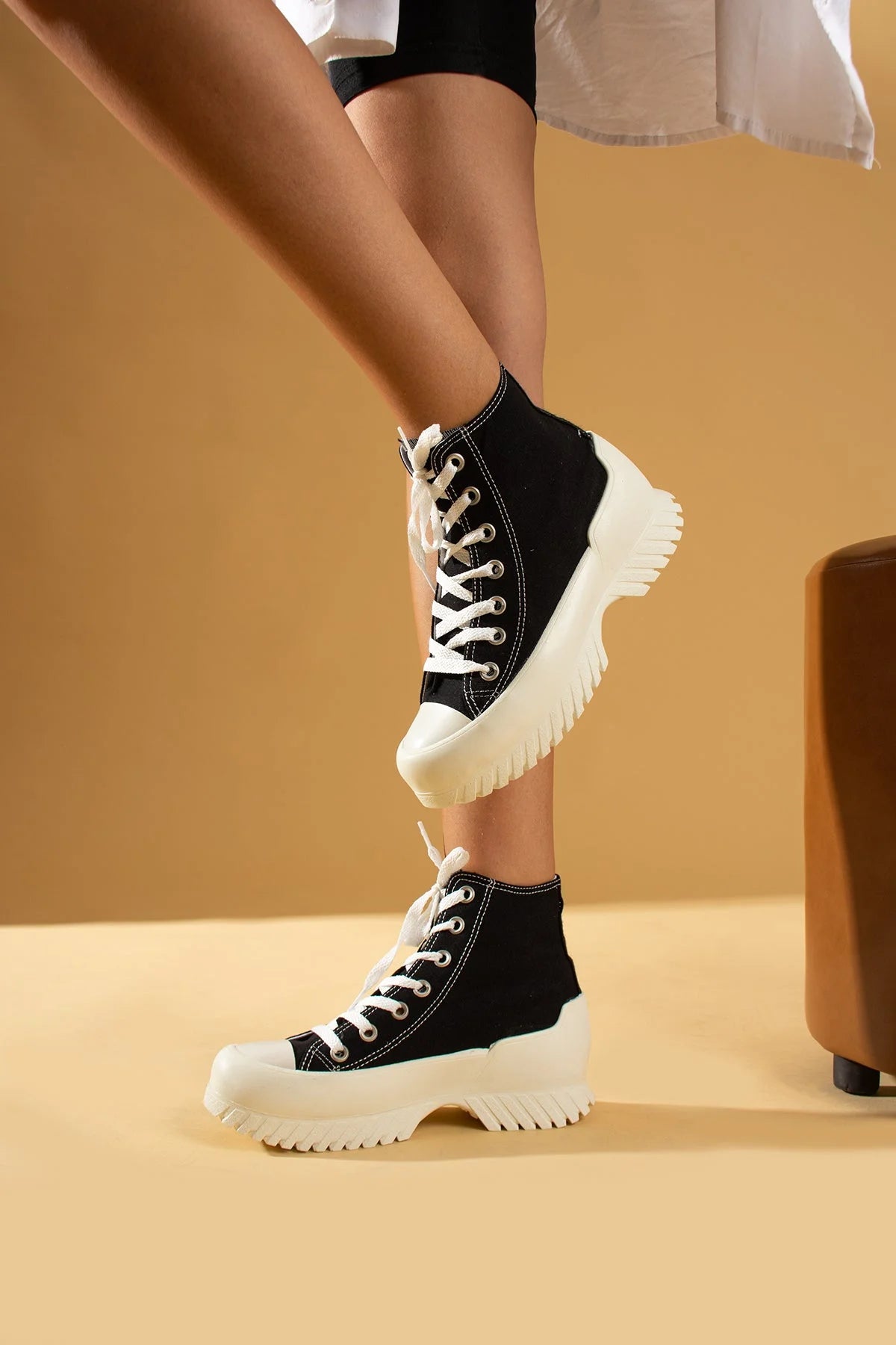 Pembe Potin Bağcıklı Kalın Taban Bilekte Keten Kadın Sneaker 57-102-23 - 483054747960
