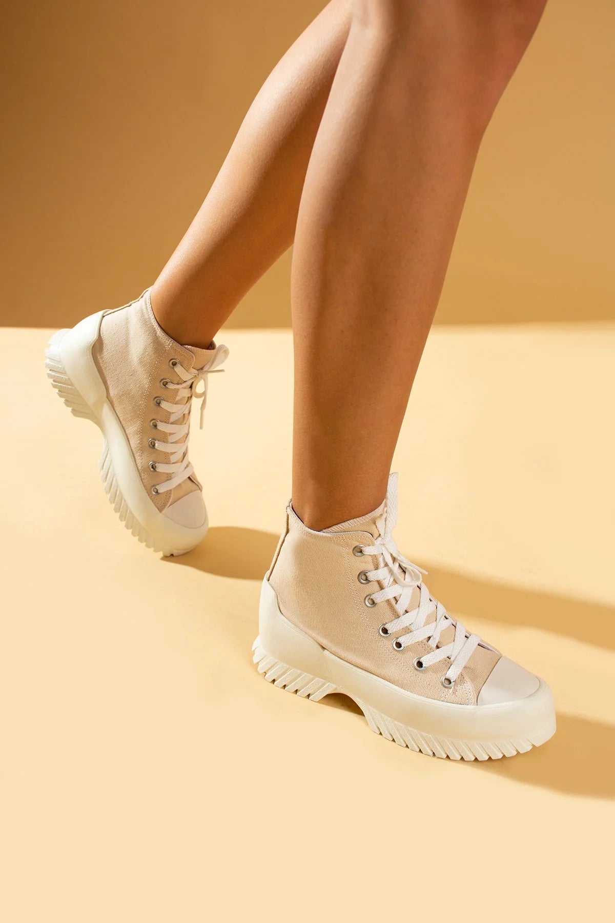 Pembe Potin Bağcıklı Kalın Taban Bilekte Keten Kadın Sneaker 57-102-23 - 483054747960