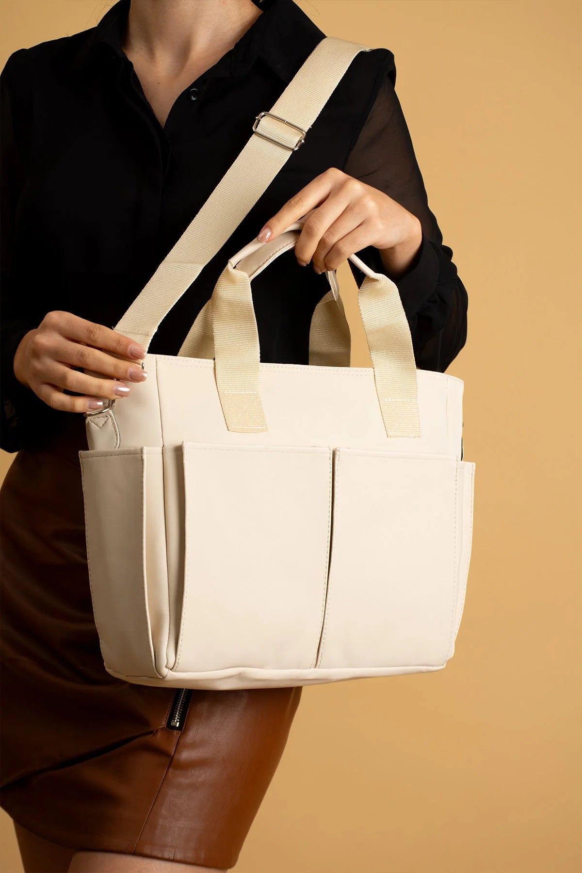 Pembe Potin Büyük Boy Çok Bölmeli Kadın Omuz Çantası BAG4298 - Krem / Standart - 483054387512