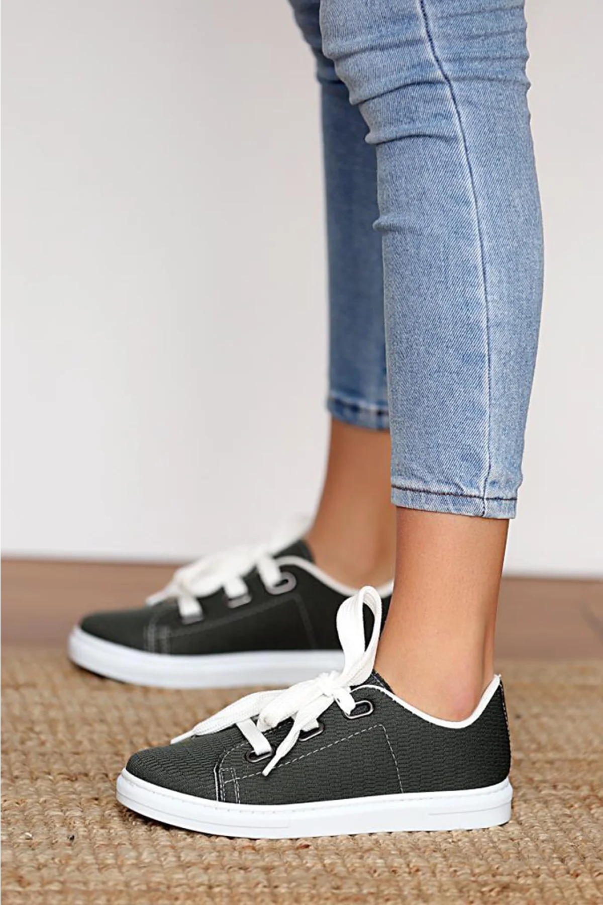 Pembe Potin Rahat Taban Kalın Bağcıklı Kadın Sneaker A320 20Yeşil Keten 483054289208