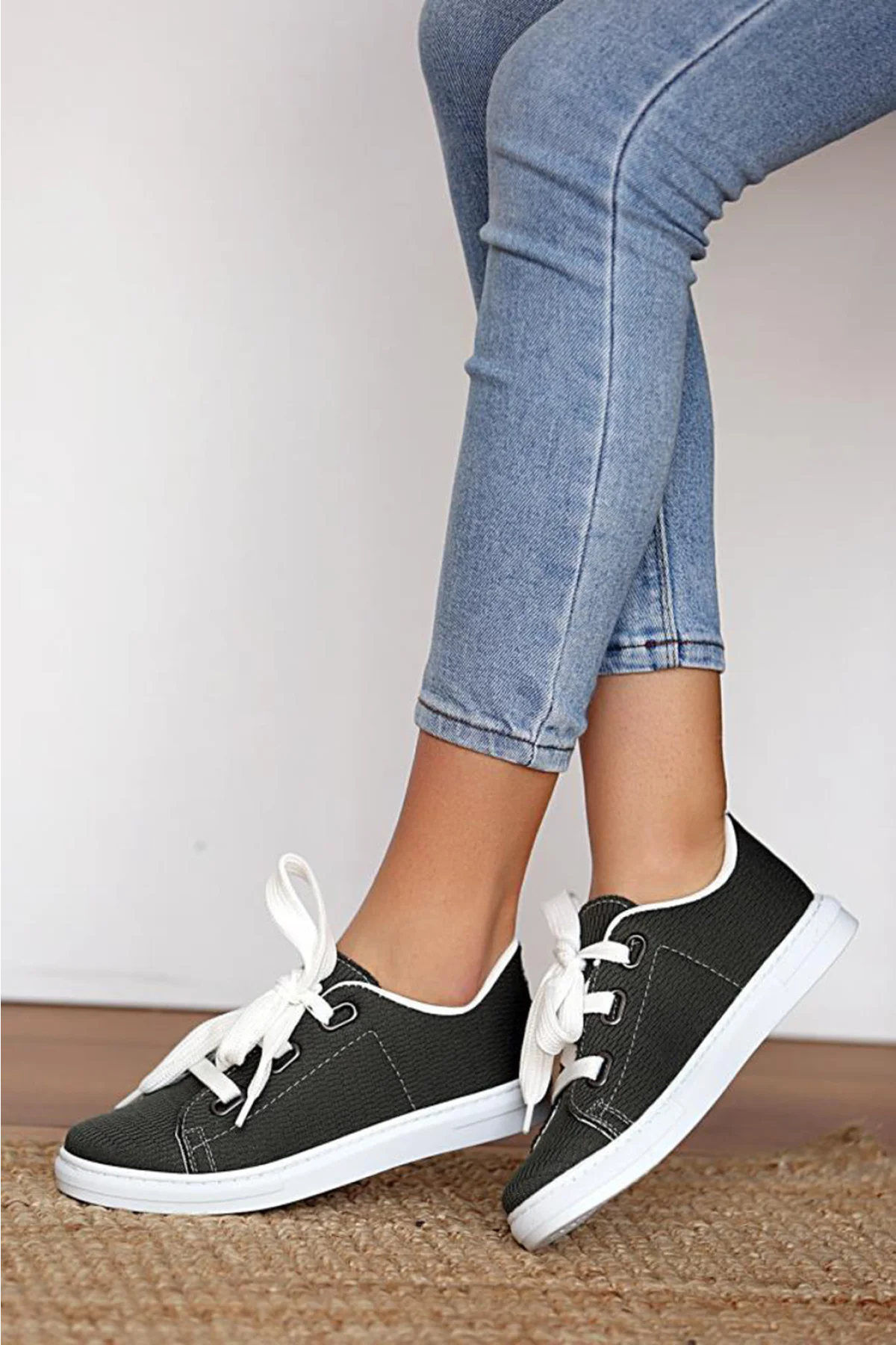 Pembe Potin Rahat Taban Kalın Bağcıklı Kadın Sneaker A320 20Yeşil Keten 483054289208