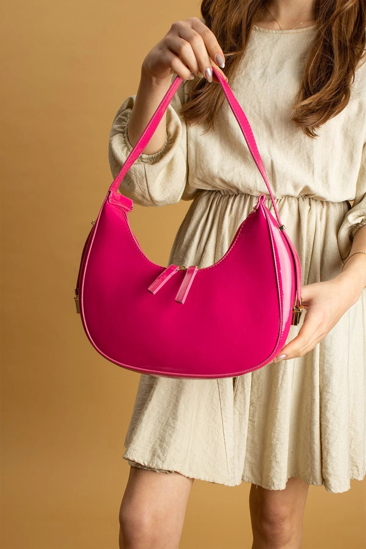 Pembe Potin Rugan Deri Tek Bölmeli Kadın Omuz Çantası BAG5033 - 483054387512
