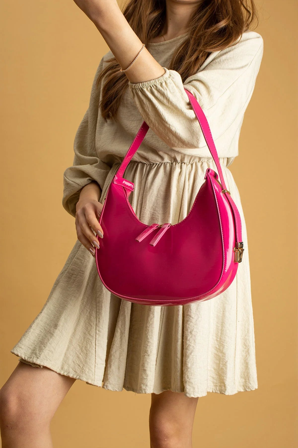 Pembe Potin Rugan Deri Tek Bölmeli Kadın Omuz Çantası BAG5033 - 483054387512