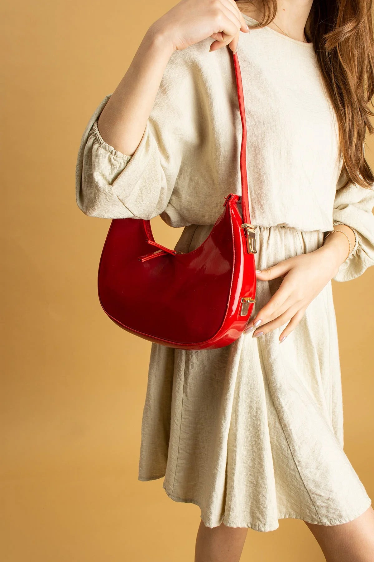 Pembe Potin Rugan Deri Tek Bölmeli Kadın Omuz Çantası BAG5033 - Kırmızı / Standart - 483054387512