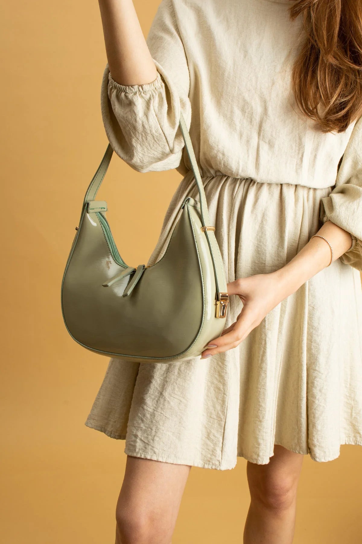 Pembe Potin Rugan Deri Tek Bölmeli Kadın Omuz Çantası BAG5033 - Yeşil / Standart - 483054387512