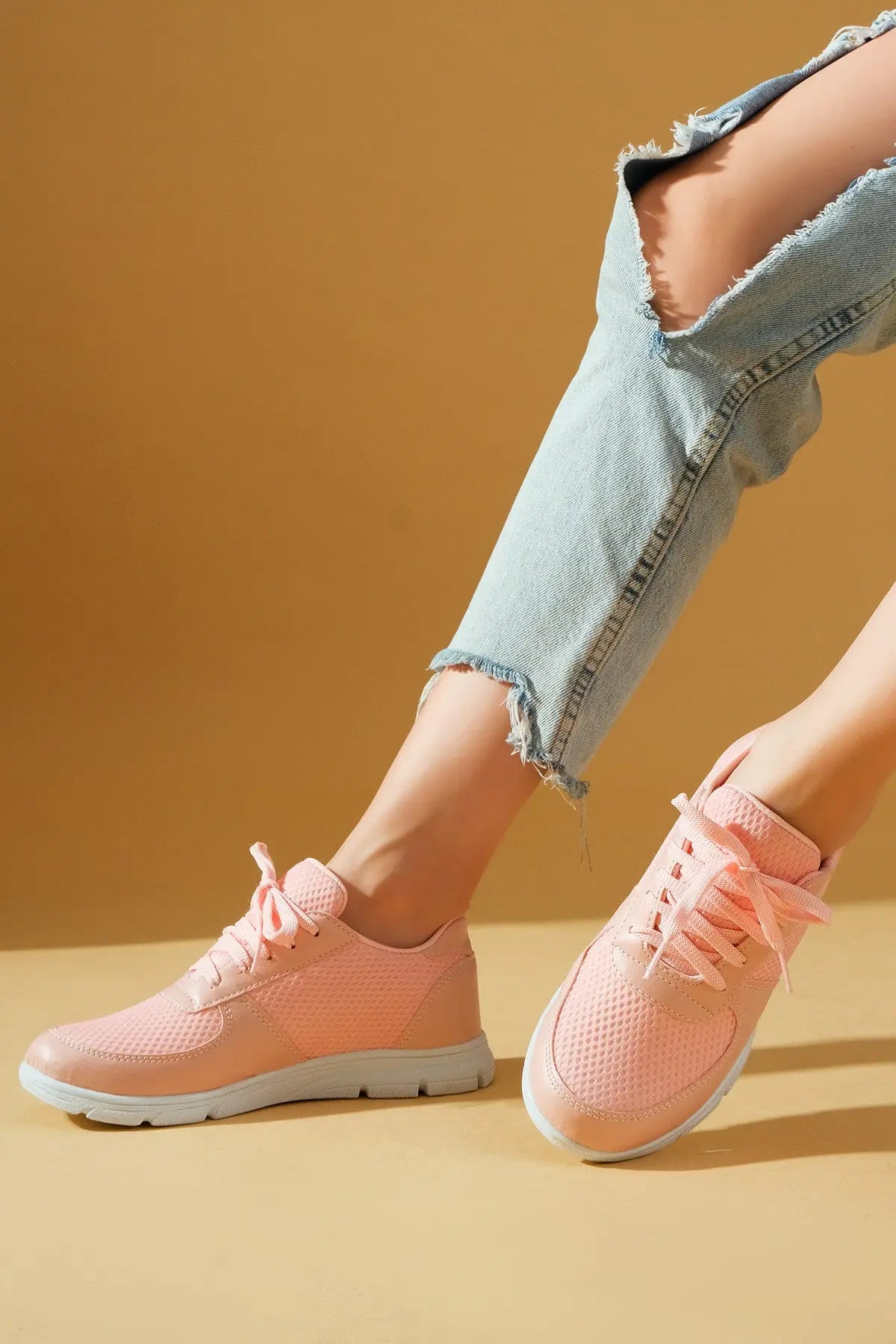 Pembe Potin Yeni Sezon Fileli Bağcıklı Rahat Taban Kadın Sneakers A1971-23 - 483054747960