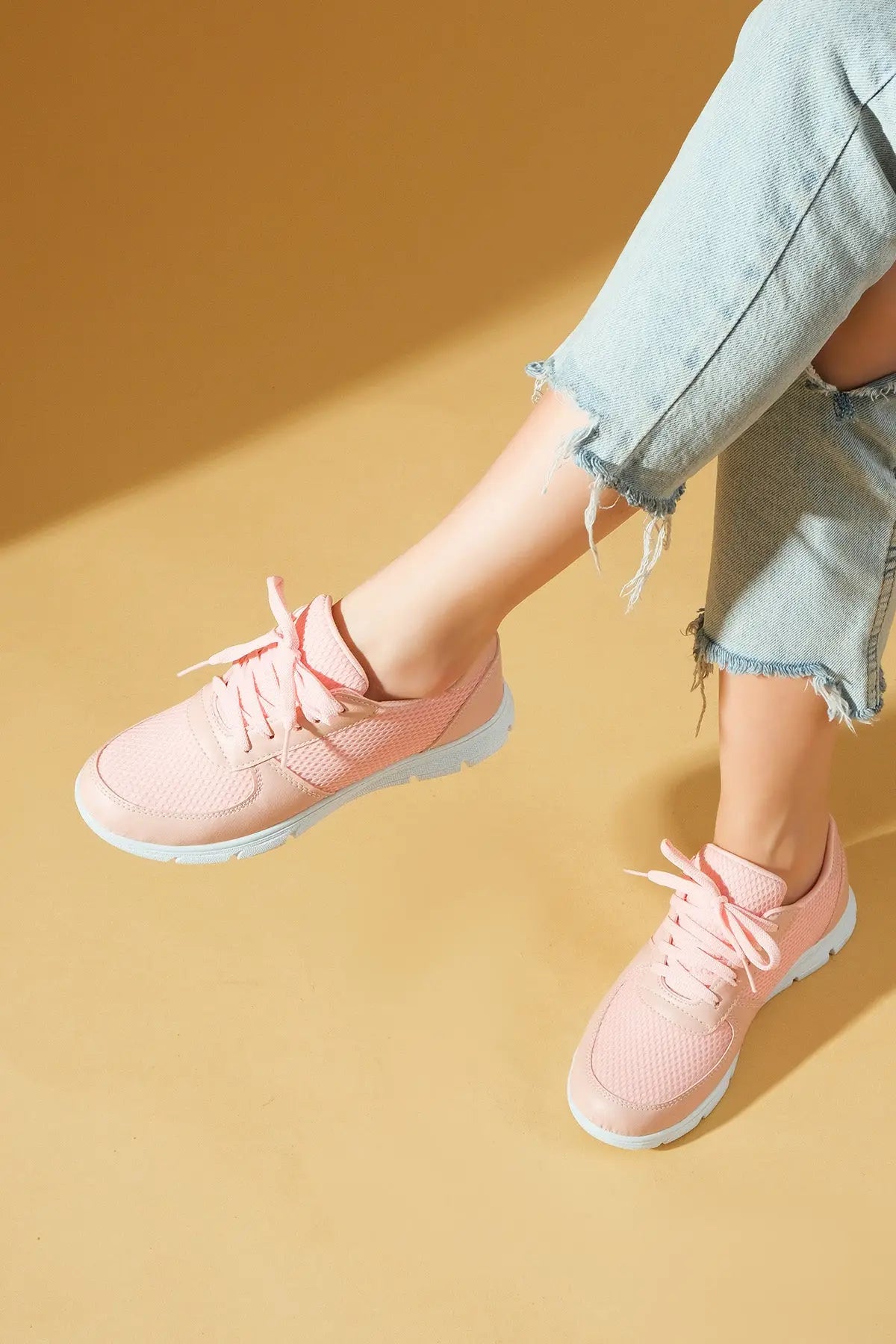 Pembe Potin Yeni Sezon Fileli Bağcıklı Rahat Taban Kadın Sneakers A1971-23 - 483054747960