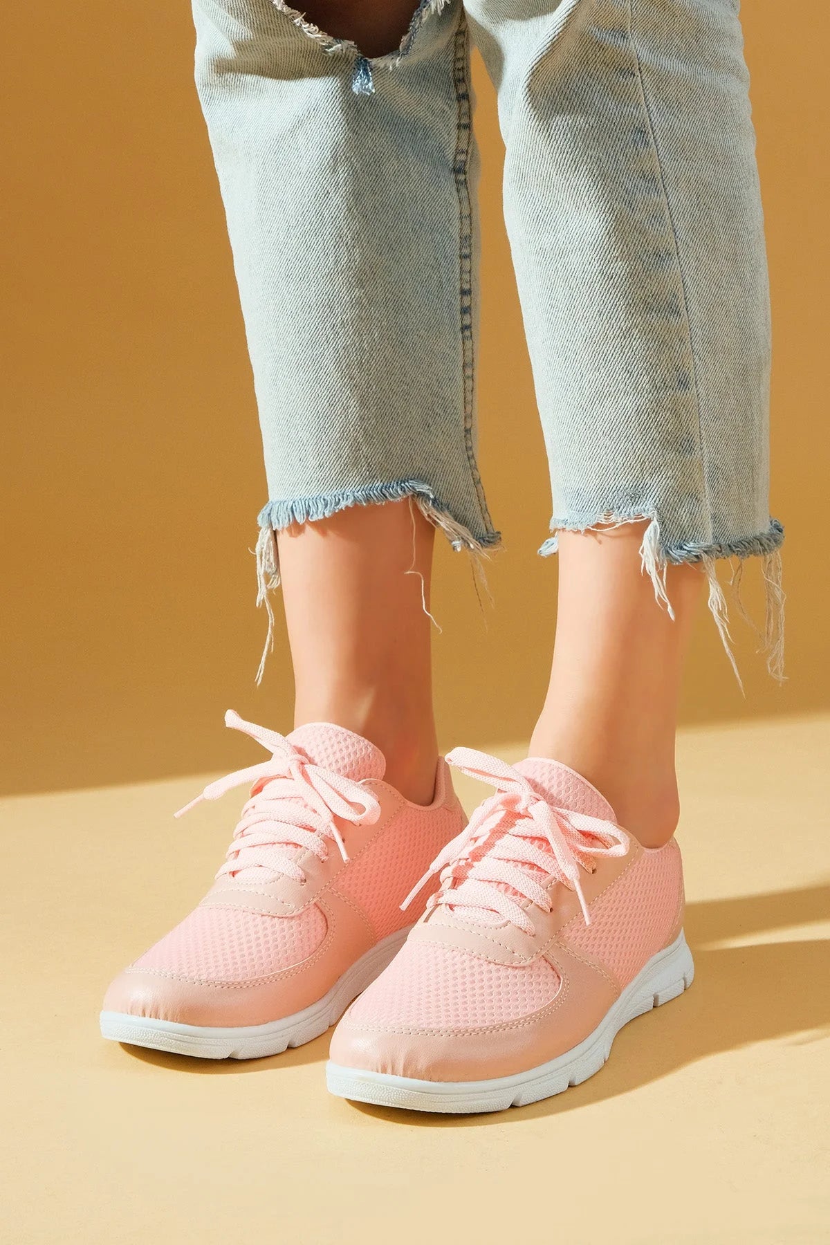 Pembe Potin Yeni Sezon Fileli Bağcıklı Rahat Taban Kadın Sneakers A1971-23 - 483054747960