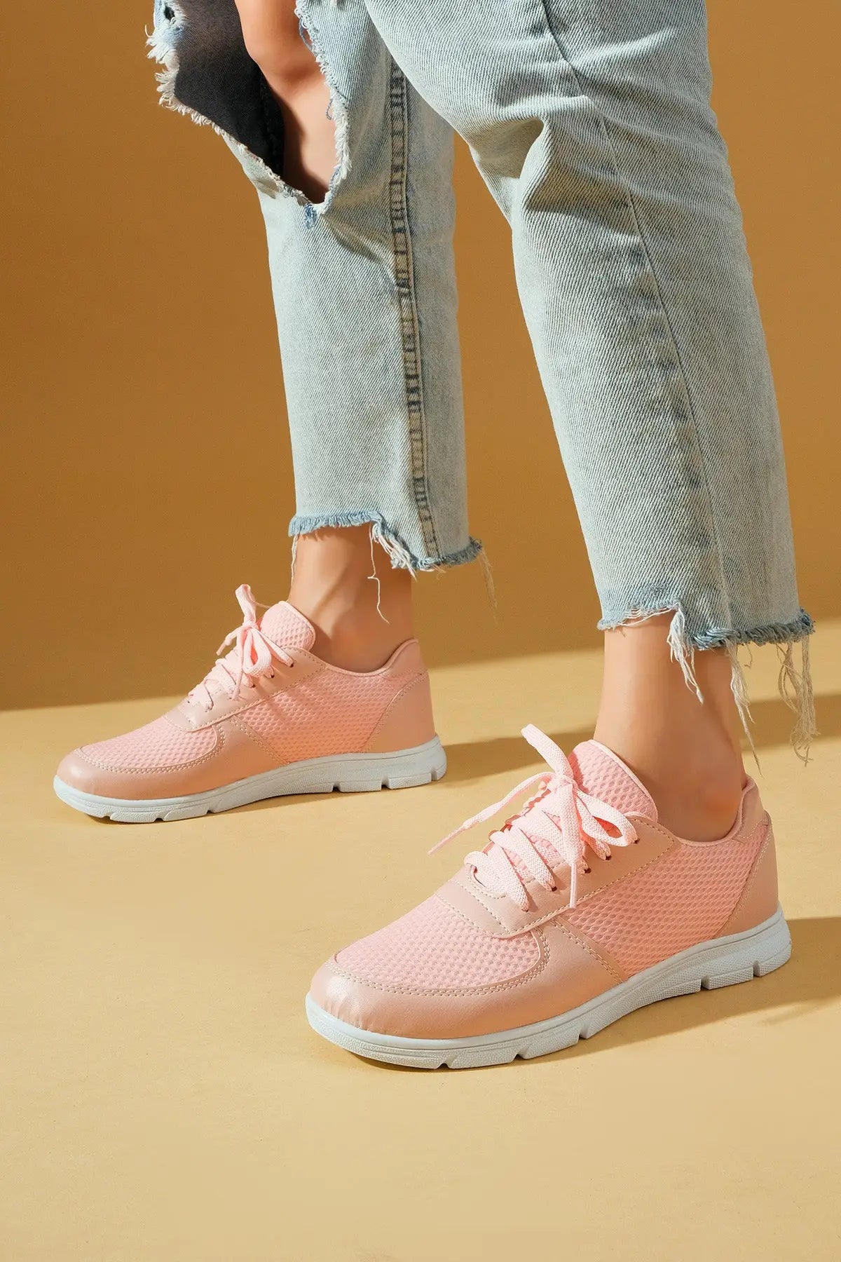 Pembe Potin Yeni Sezon Fileli Bağcıklı Rahat Taban Kadın Sneakers A1971-23 - Pudra / 38 - 483054747960